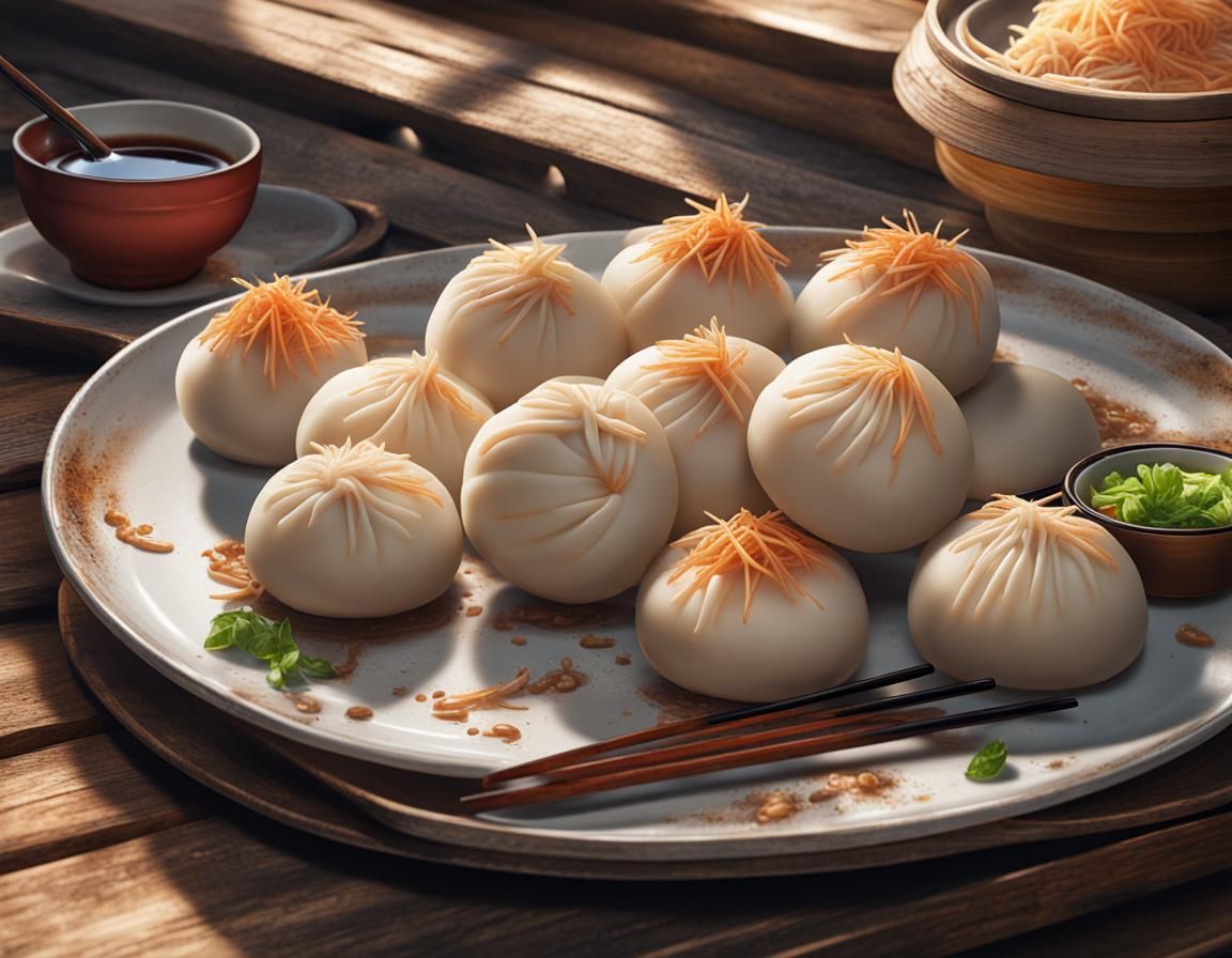 Delicious Bao on Rustic Table, Hyperrealistic Splash Art