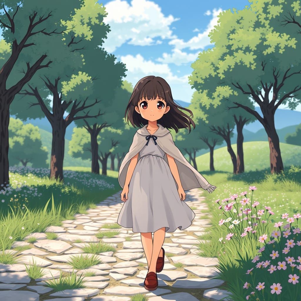 Young Girl in Whimsical Ghibli-Inspired Anime Landscape