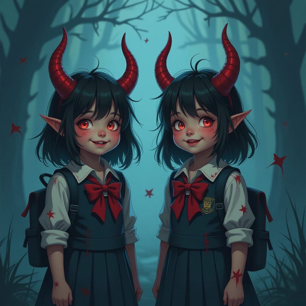 Demonic Children in School Uniforms, Dark Art Style