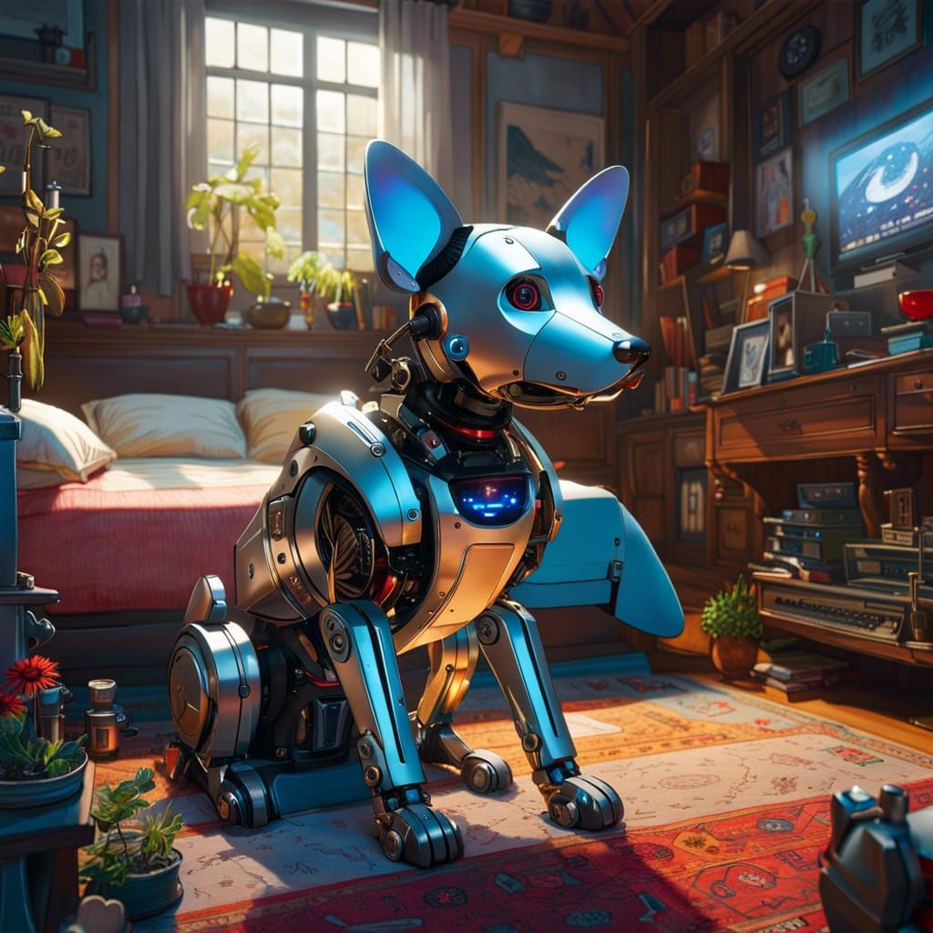 Photorealistic Robot Dog in Intricate Bedroom Setting