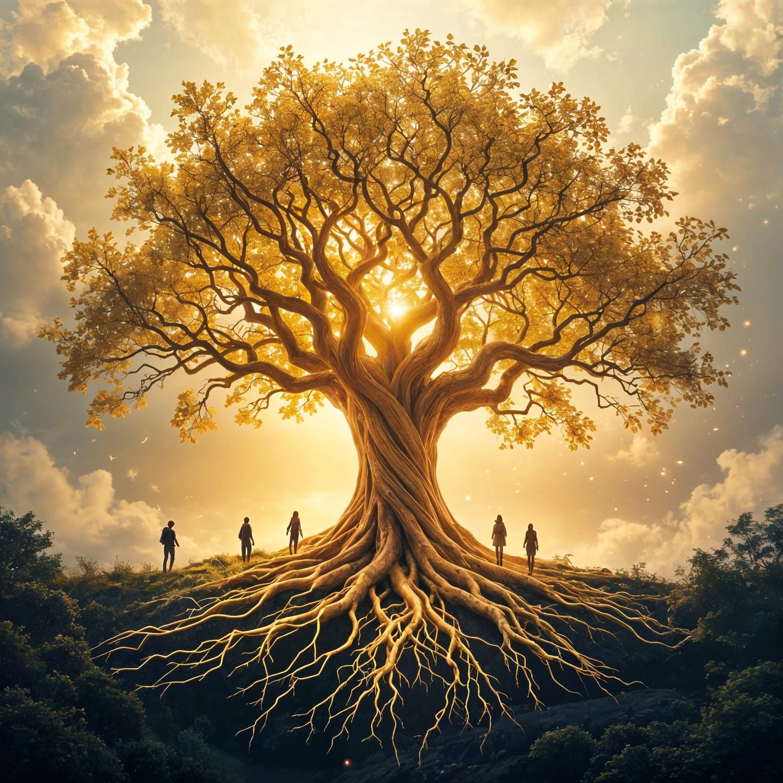 Ethereal Golden Tree with Luminous Roots