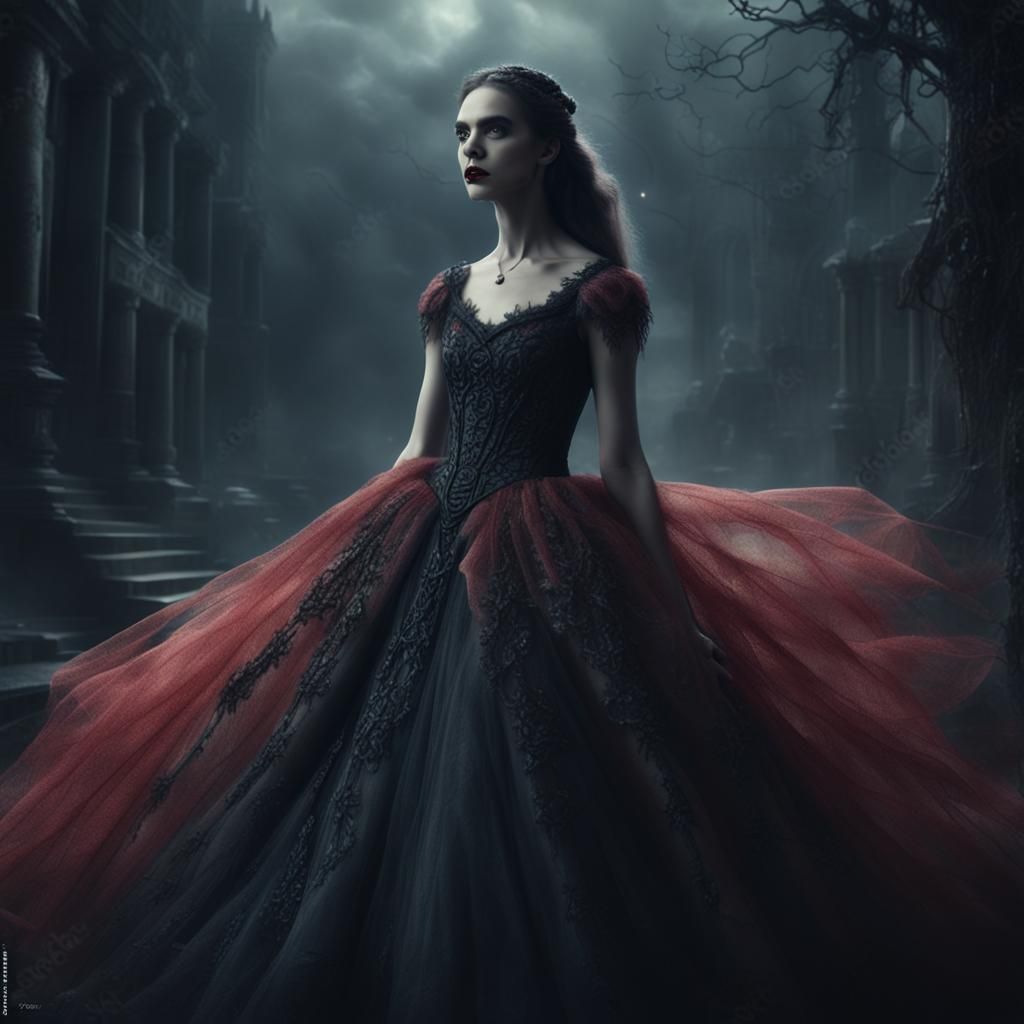 Cinematic Female Vampire in Tulle Dress