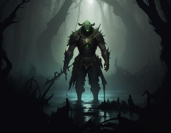 Menacing Bullywug in Eerie Swamp, Dark Fantasy Concept Art
