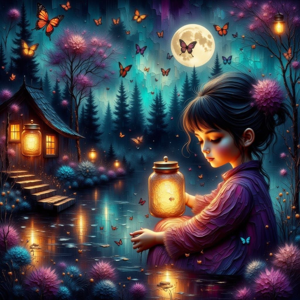 Girl with Fireflies by Pond in Hyperrealistic Style