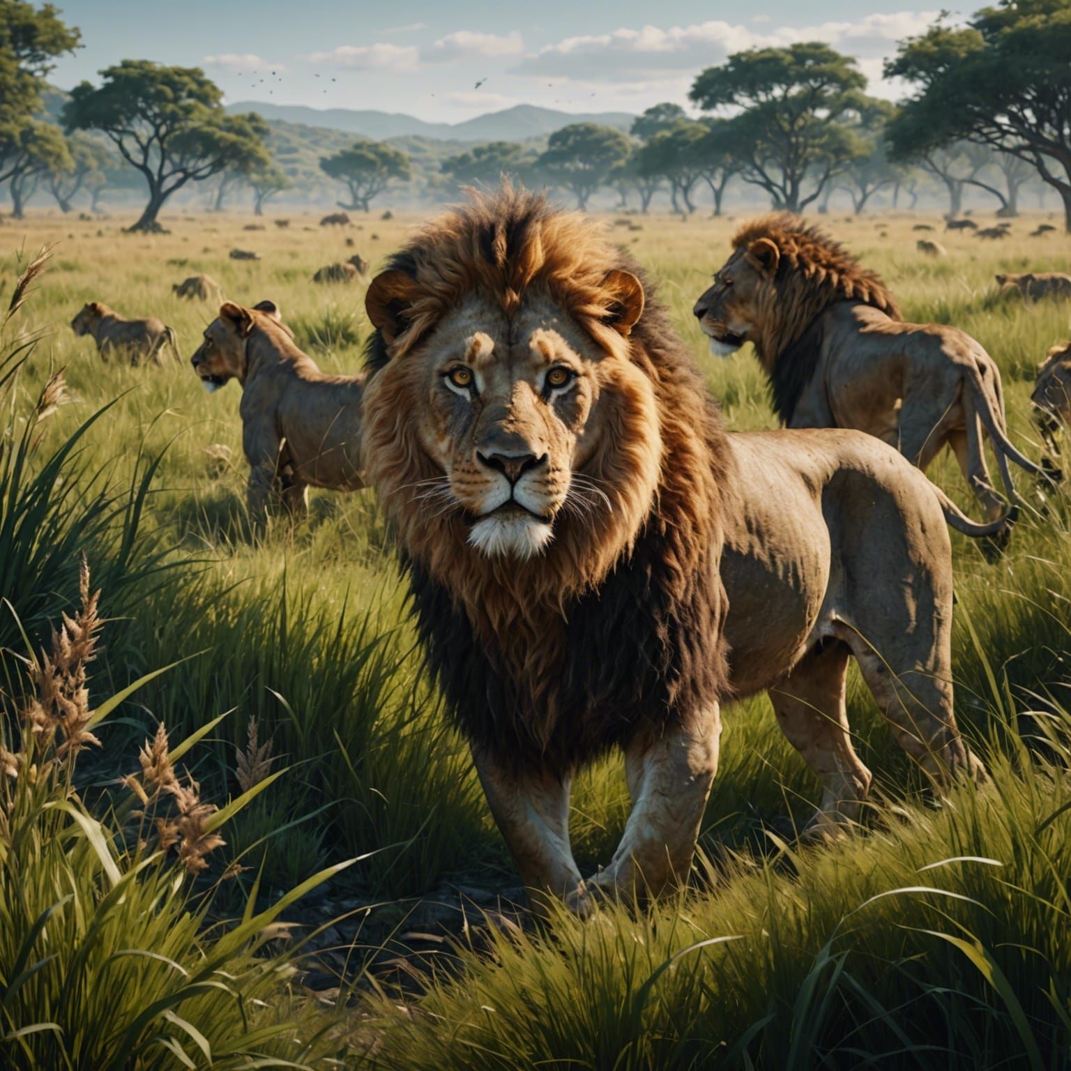 Lions Hunting in Tall Grass: Matte Painting
