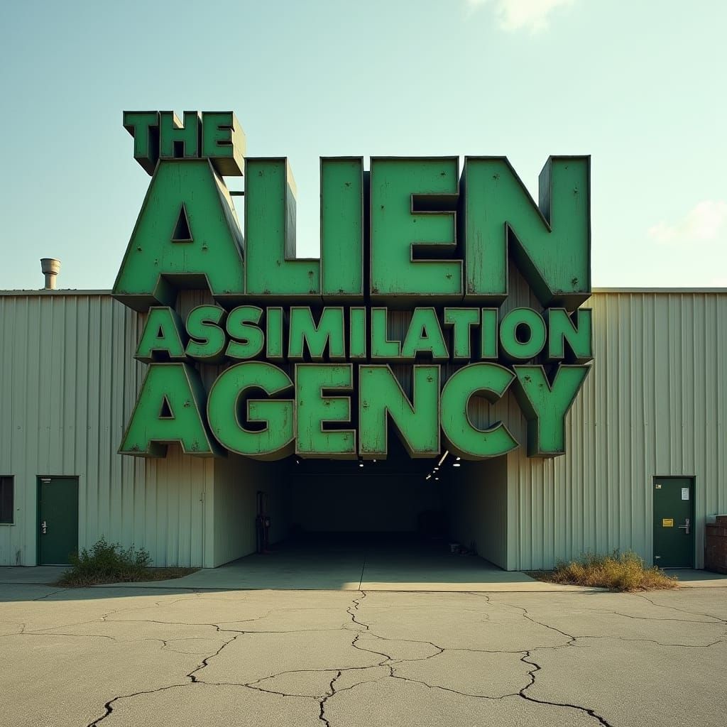 Alien Assimilation Agency Sign in Industrial Landscape