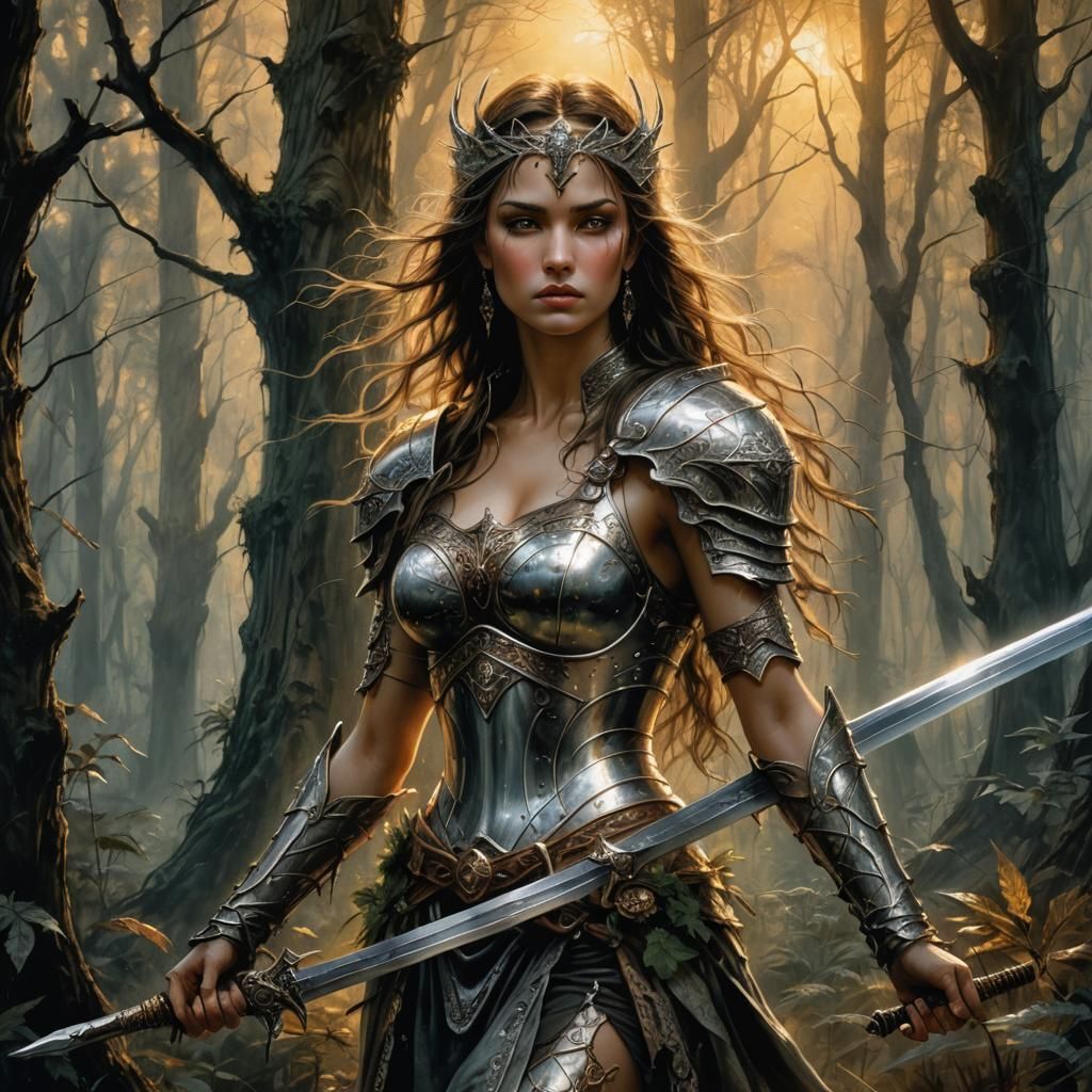 Goddess with Sword in Mystical Forest, Dark Fantasy Oil Pain...