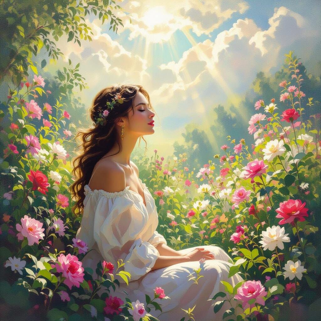 Radiant Woman in a Sunlit Impressionistic Garden