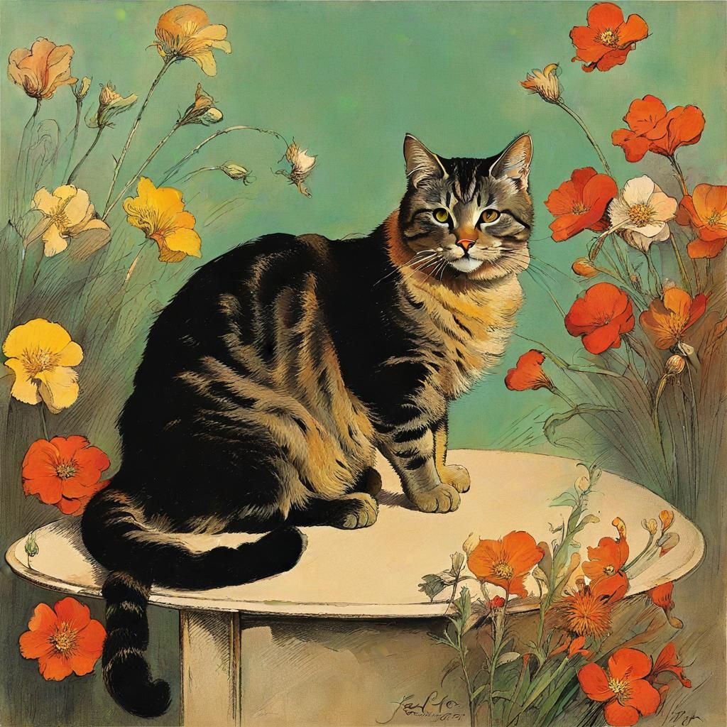 Cute Cat Surrounded by Flowers in Intaglio Style