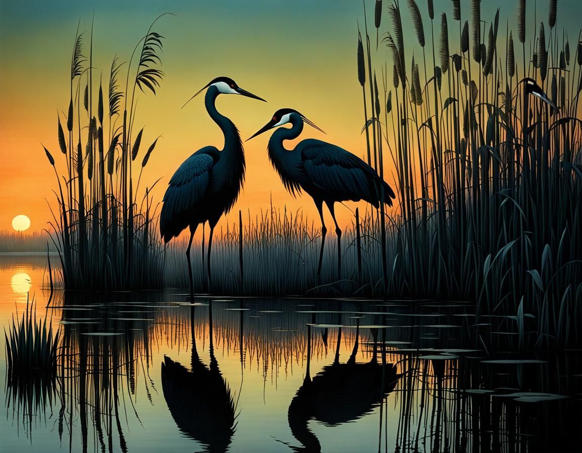 Cranes on Lake Shore in Evening Light