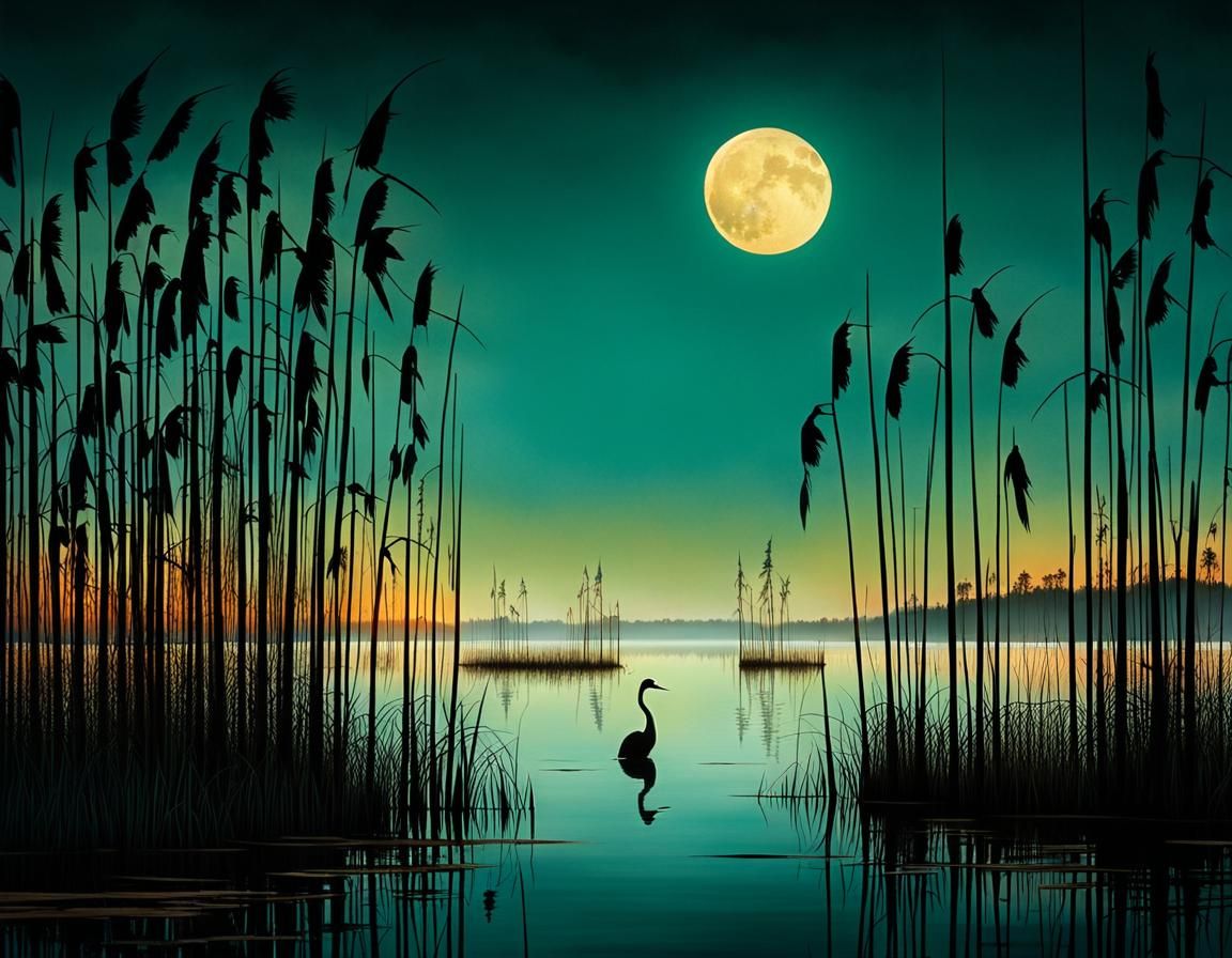 Cranes on Lake Shore in Soft Evening Light