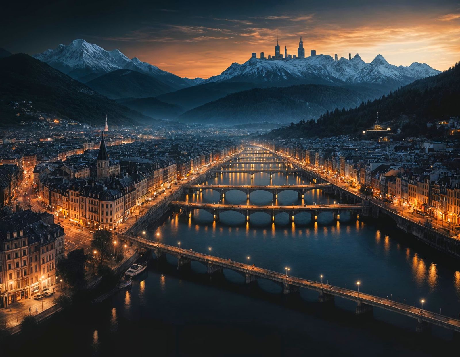 Moonlit River Town Vista at Night