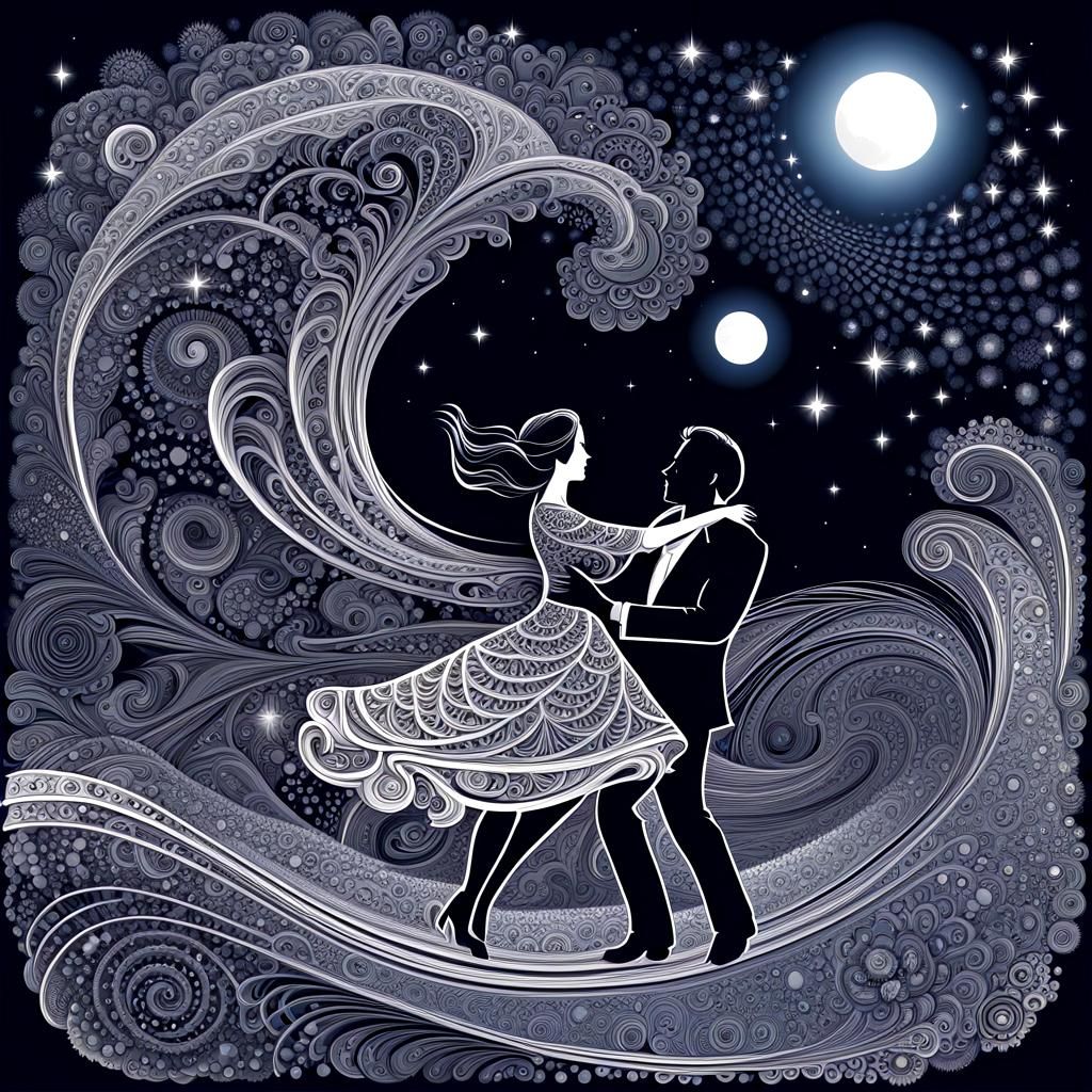 Couple Dancing Under Moonlight in Zentangle Style