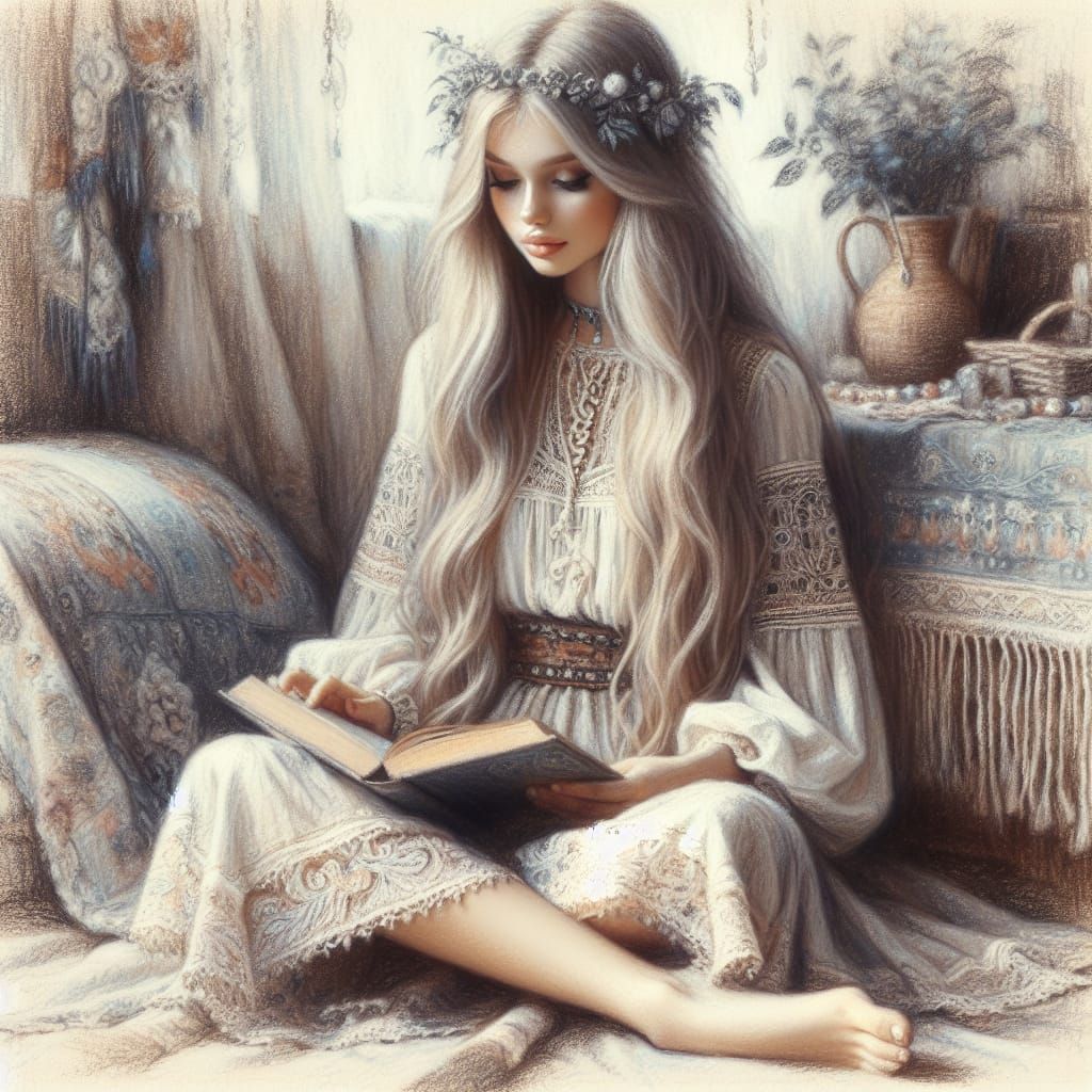 Boho Girl Reading, Oil Painting in Soft Focus