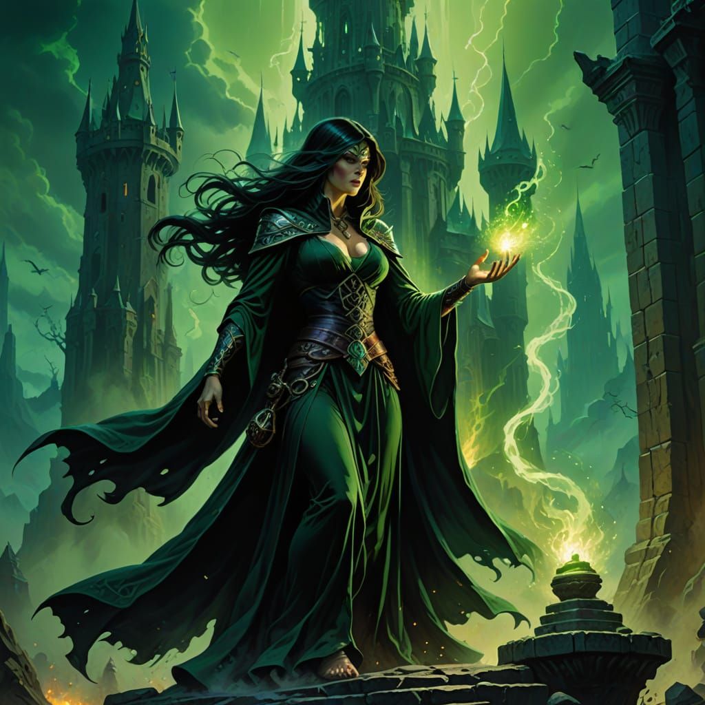 Female Sorceress Casting Spell Near Wizard's Tower