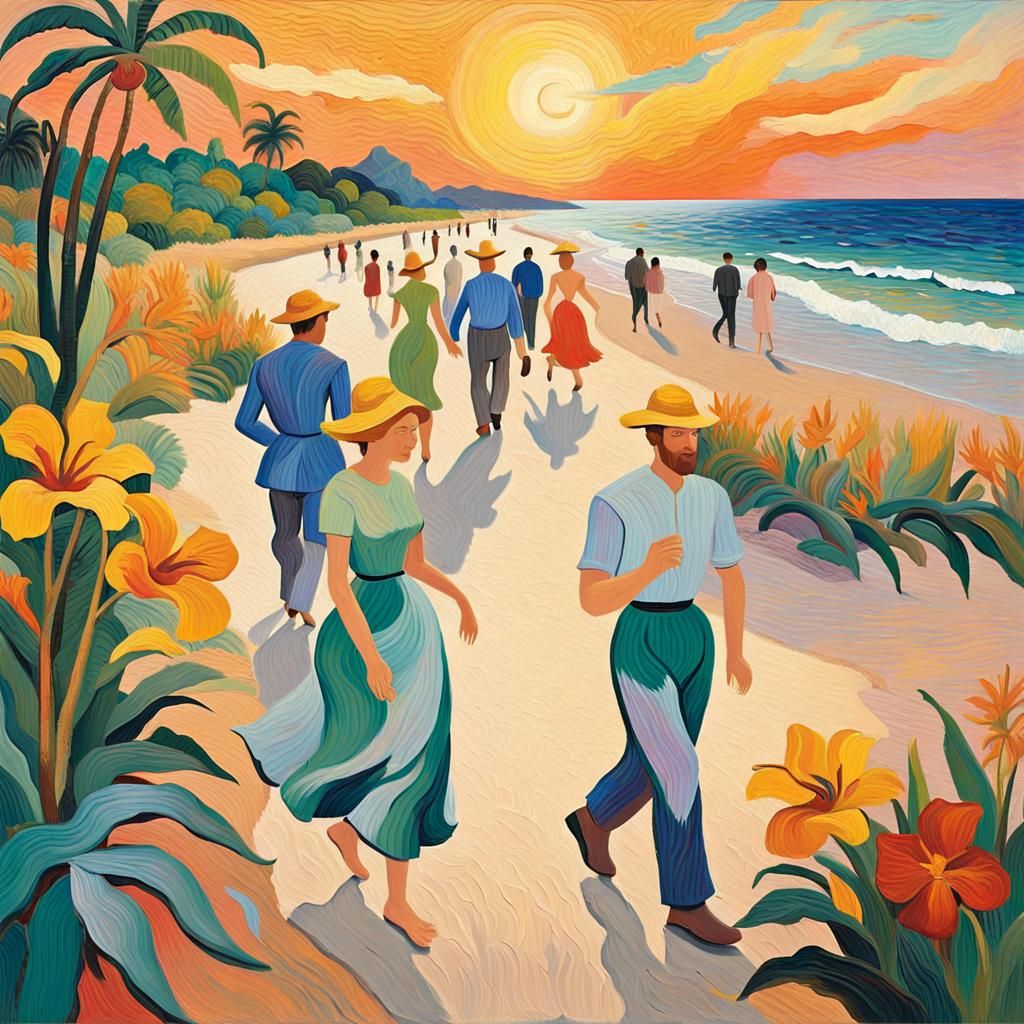 People Walking on a Vibrant Path, Expressionist Painting