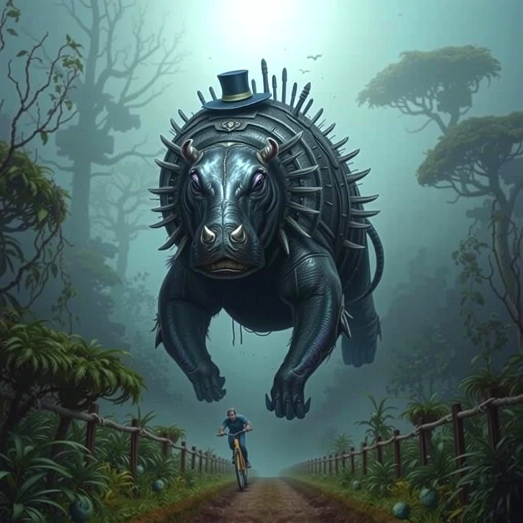 Hippopotamus in Quirky Dystopian Landscape