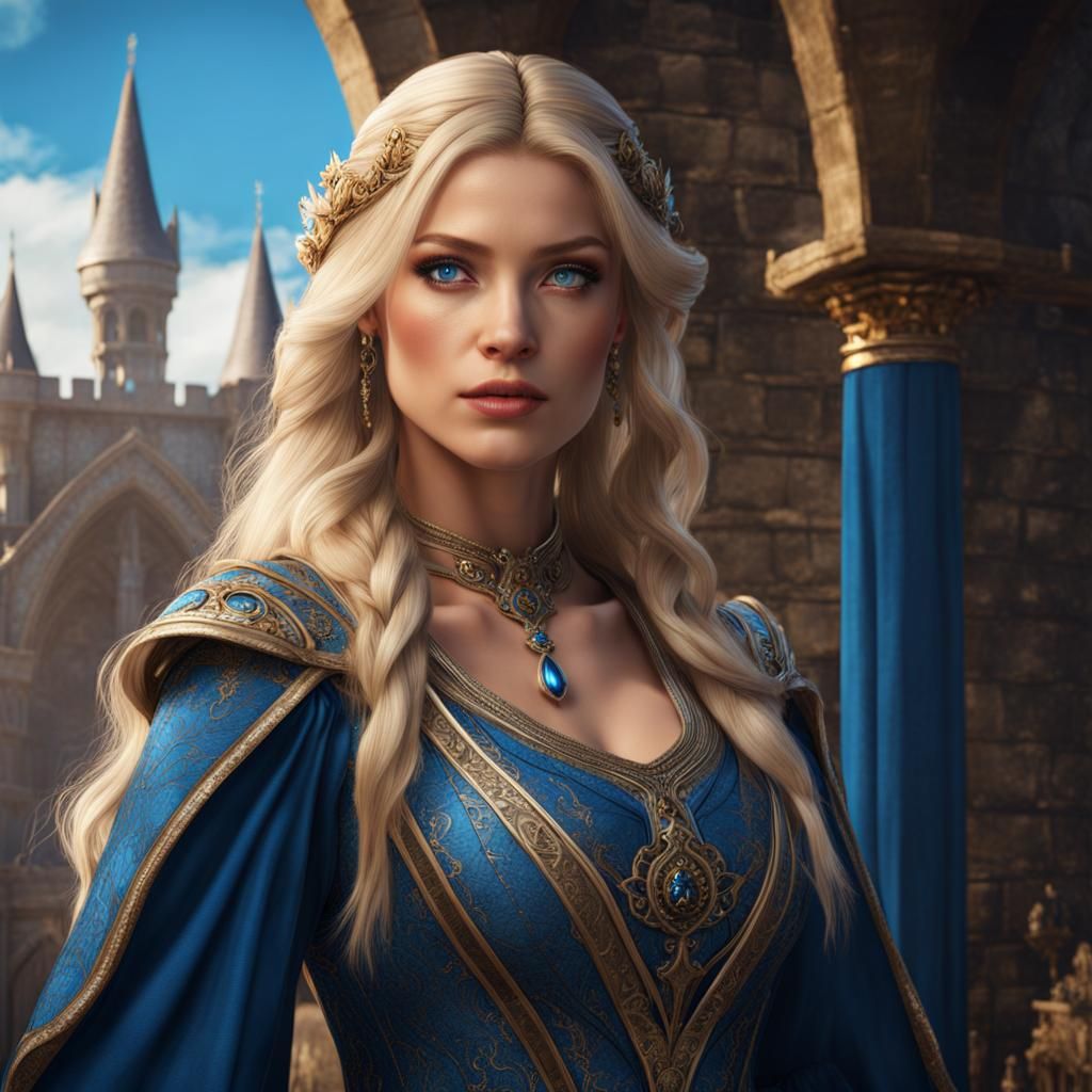 Blonde Girl in Blue Medieval Dress: Fantasy Concept Art