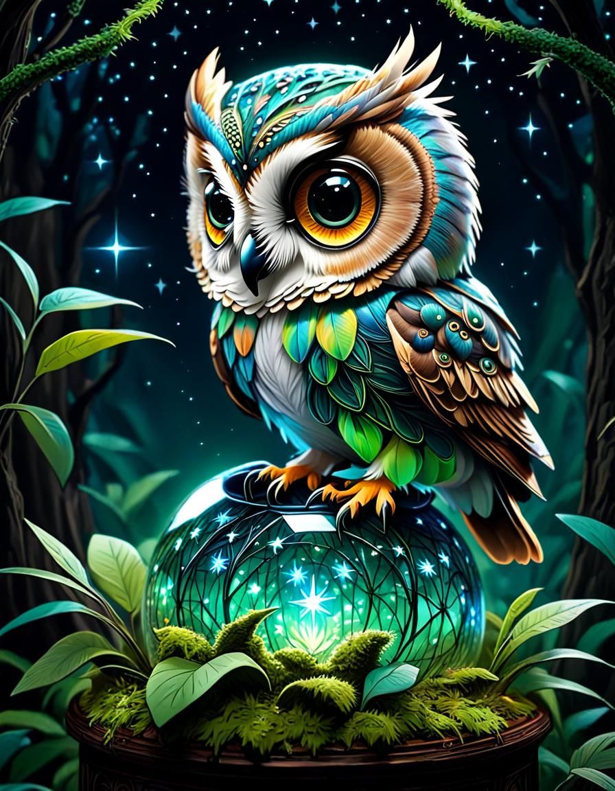 Cosmic Baby Owl in Psychedelic Comic Art Style
