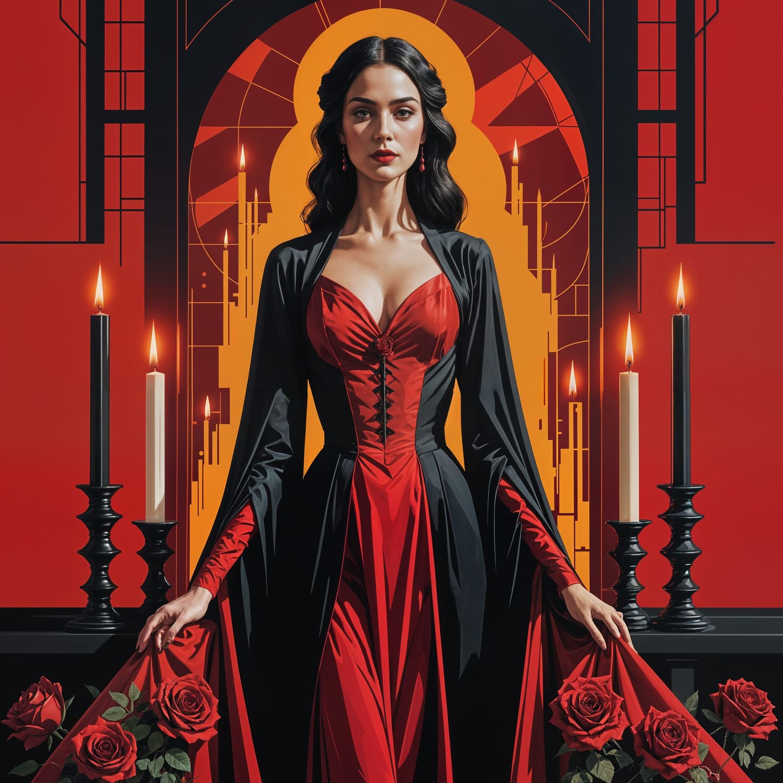 Gothic Crimson Sunset Goddess in a Flowing Red Gown