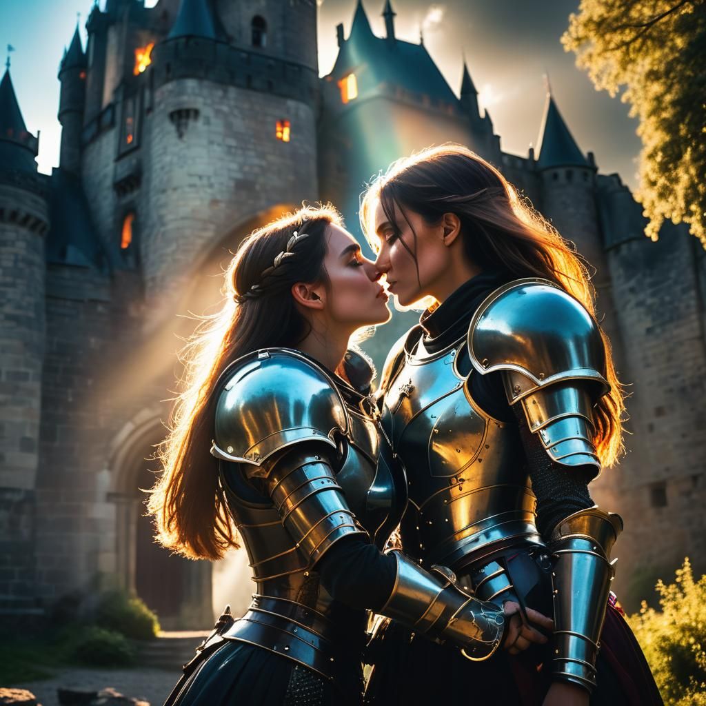Armored Women Share a Kiss in Fantasy Landscape