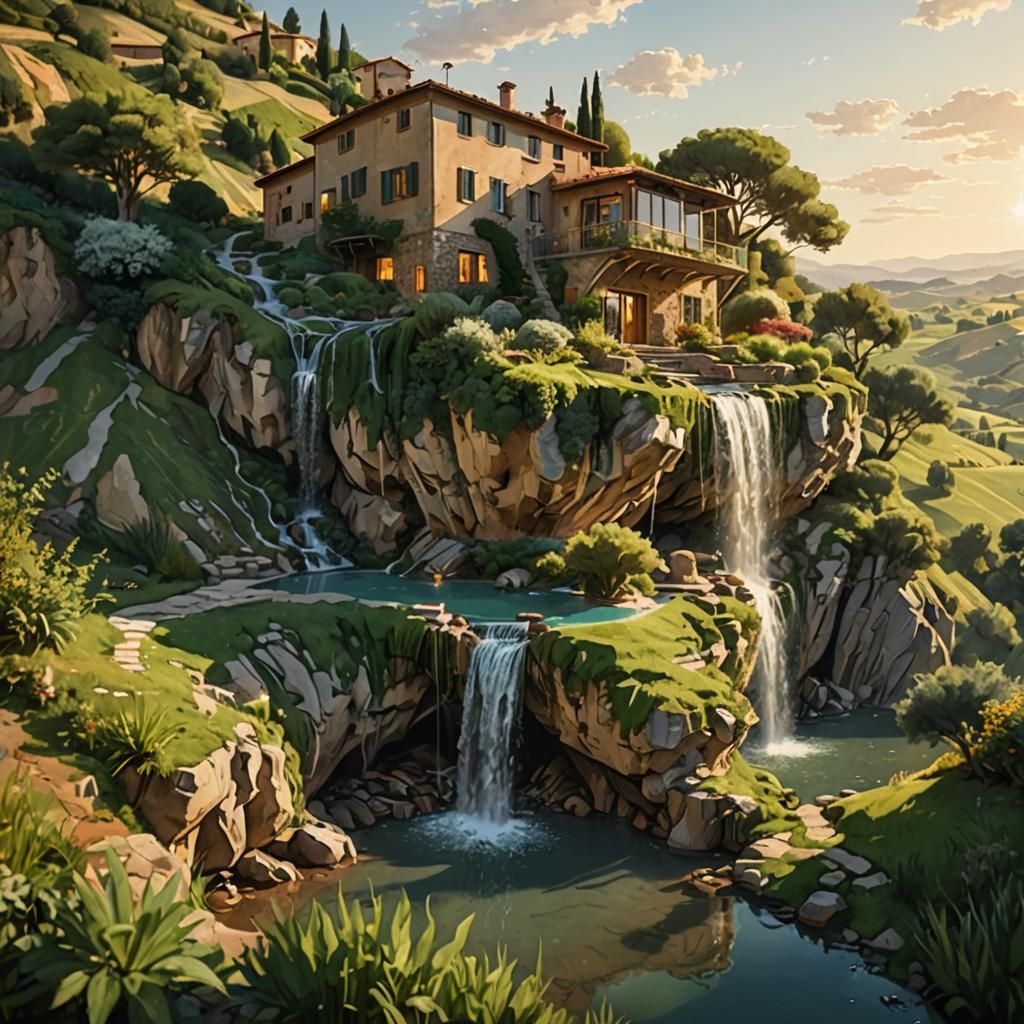 Dreamlike Cliffside Home with Waterfall in Tuscany Style