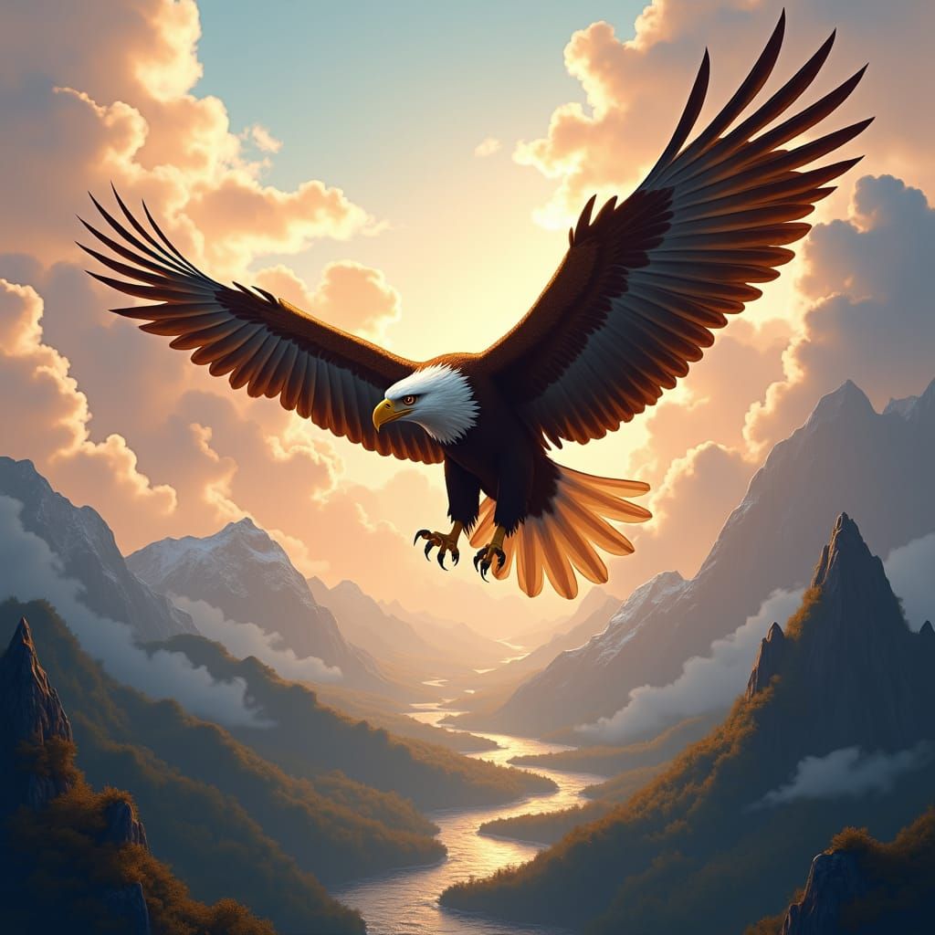 Eagle Soaring Above Mystical Landscape, Digital Matte Painti...