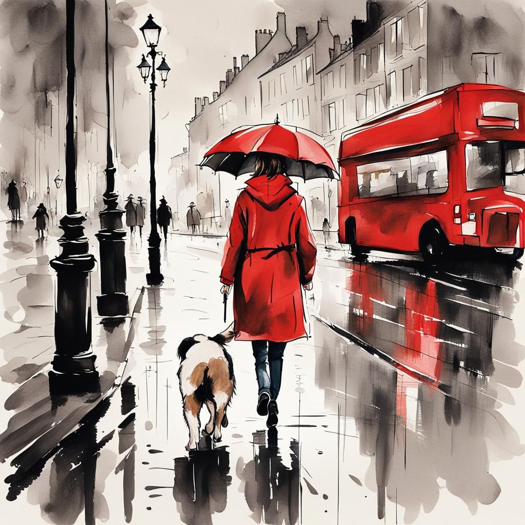 Woman Walking St. Bernard in Rainy London: Ink Wash Art