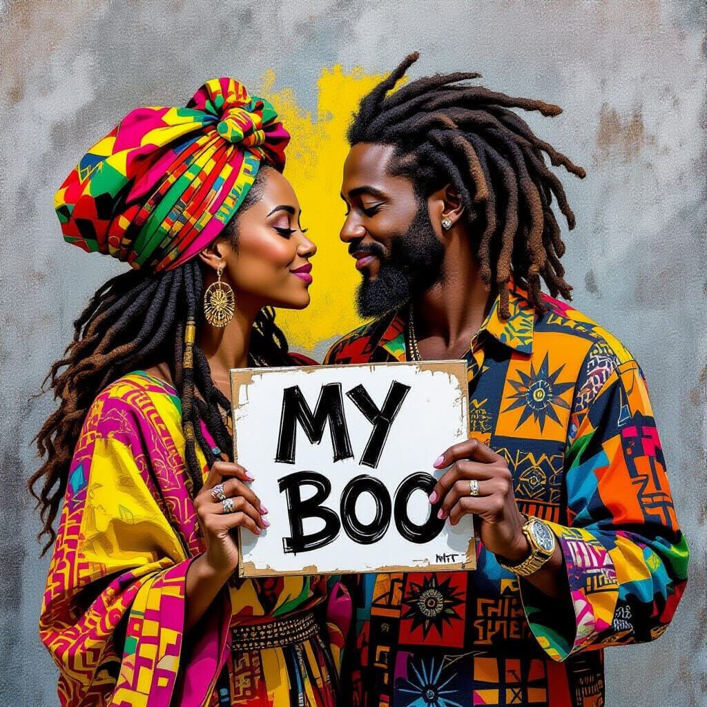 Rastafarian Couple with "My Boo" Sign in Neo-Expressionist S...