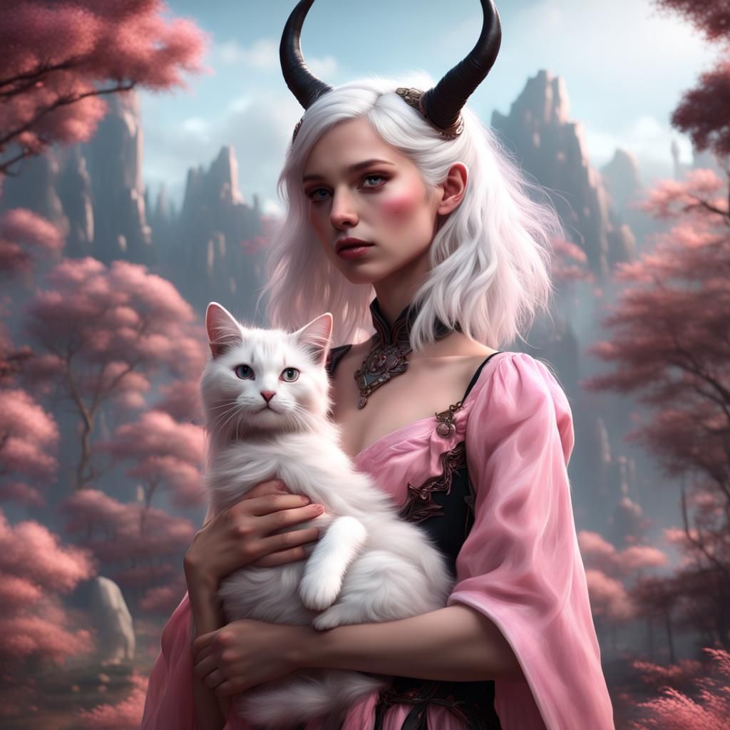 Girl with Horns and Cat: Fantasy Concept Art