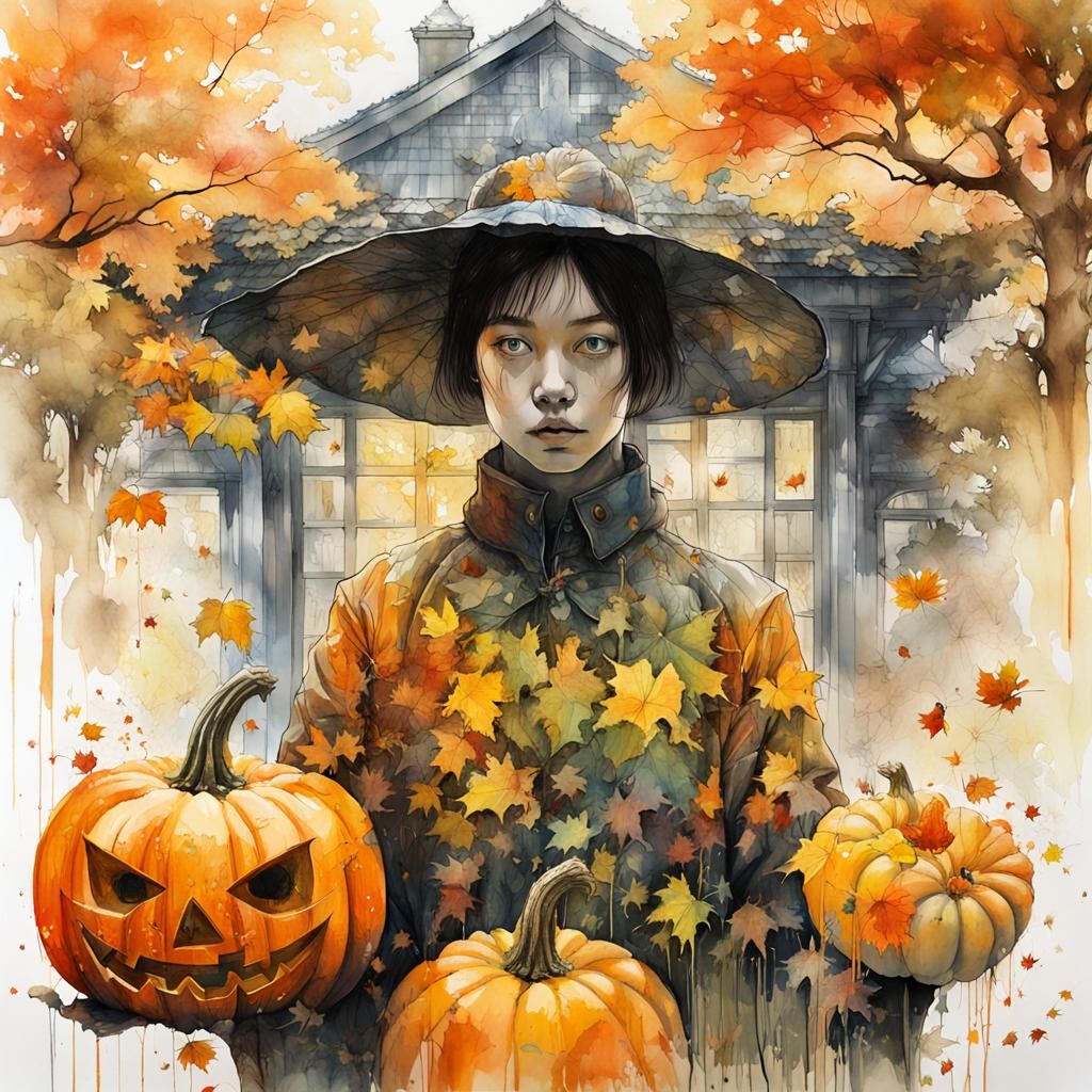 Autumn Pumpkin Portrait in Double Exposure Watercolour