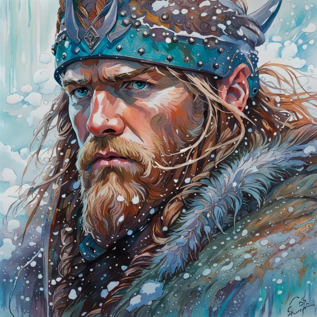 Viking Portrait in Snowstorm, Impasto Style