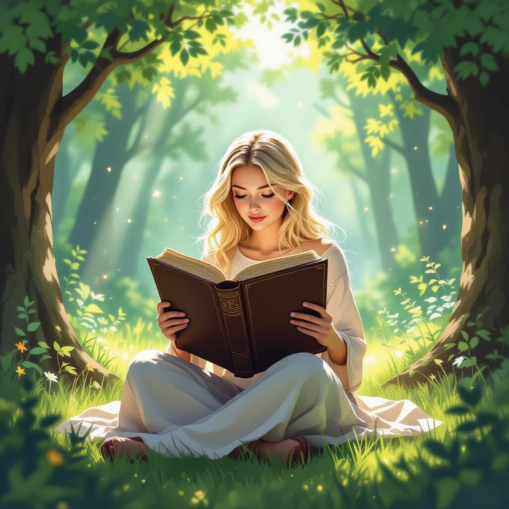 Whimsical Woman Reading Ancient Tome in Sunlit Forest Cleari...
