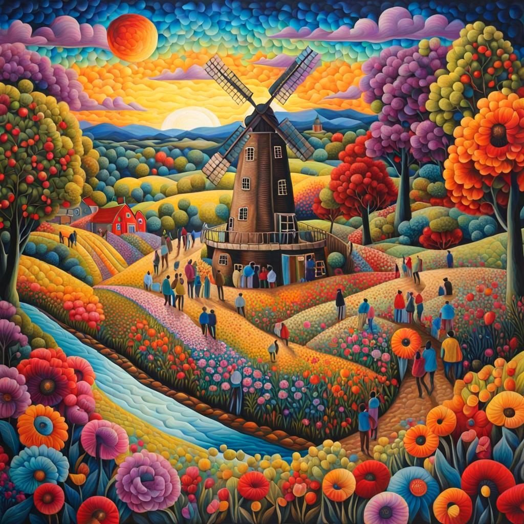 Quilted Illustration of Rural Party at Old Windmill