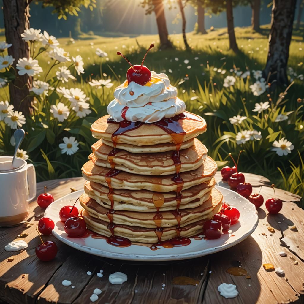 Fluffy Pancakes in Sunny Meadow: Hyperrealistic Fantasy Art