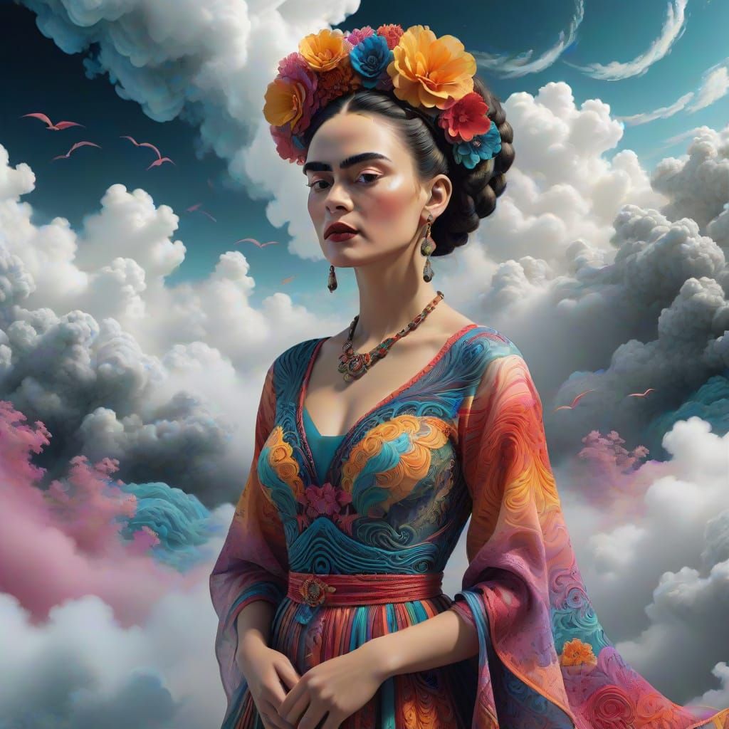 Surrealist Dreamscape of a Vibrant Woman in Ethereal Clouds