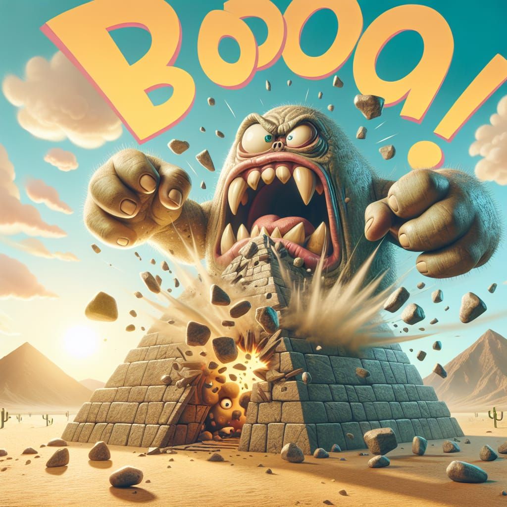 Humorous Stone Pyramid Monster Emerges with a Boom