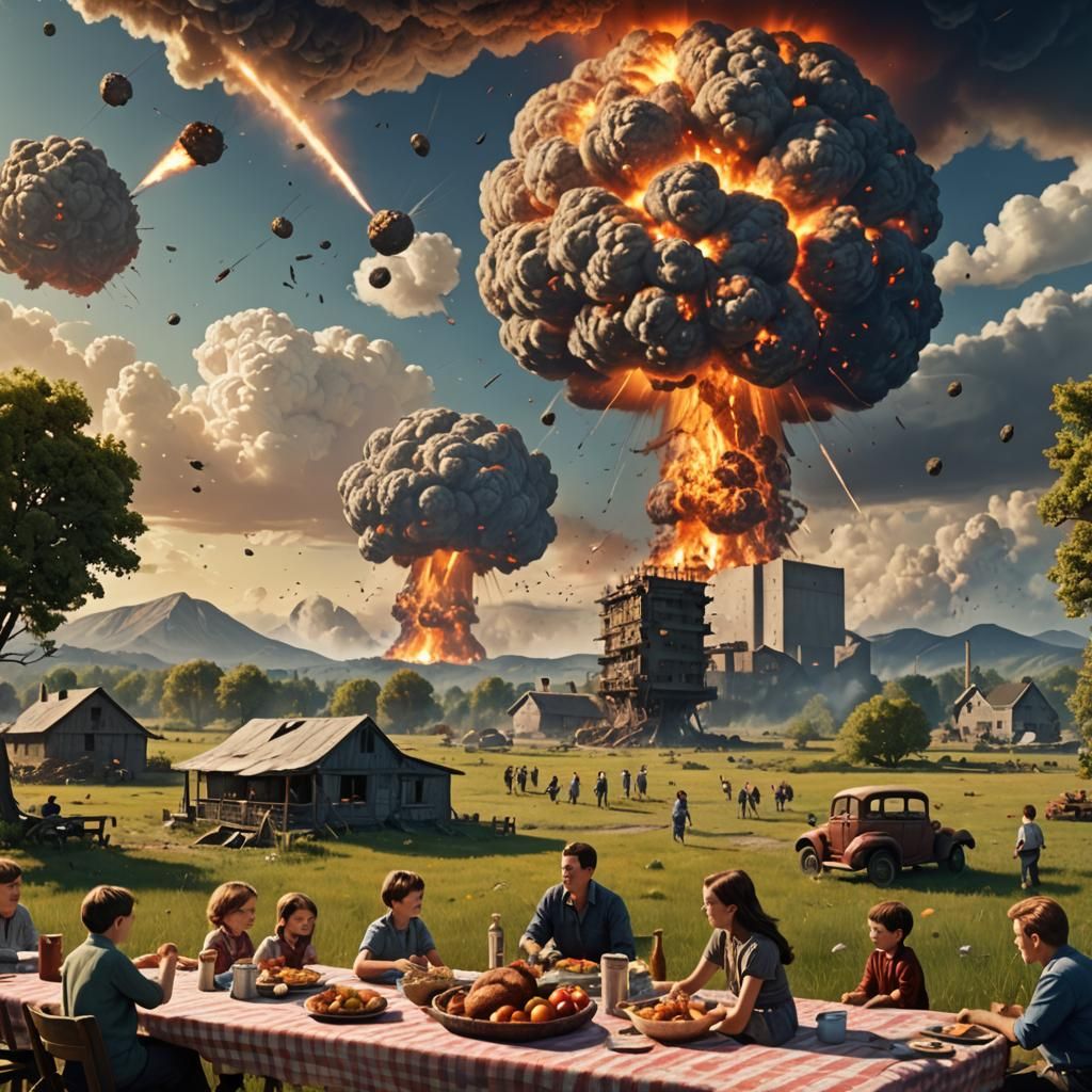 Surreal Juxtaposition: Nuclear Threat in Peaceful Meadow