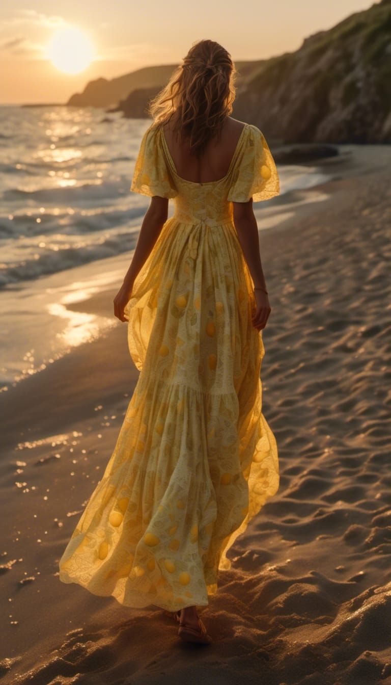 Woman in Lemon Dress at Sunset, Hyperrealistic