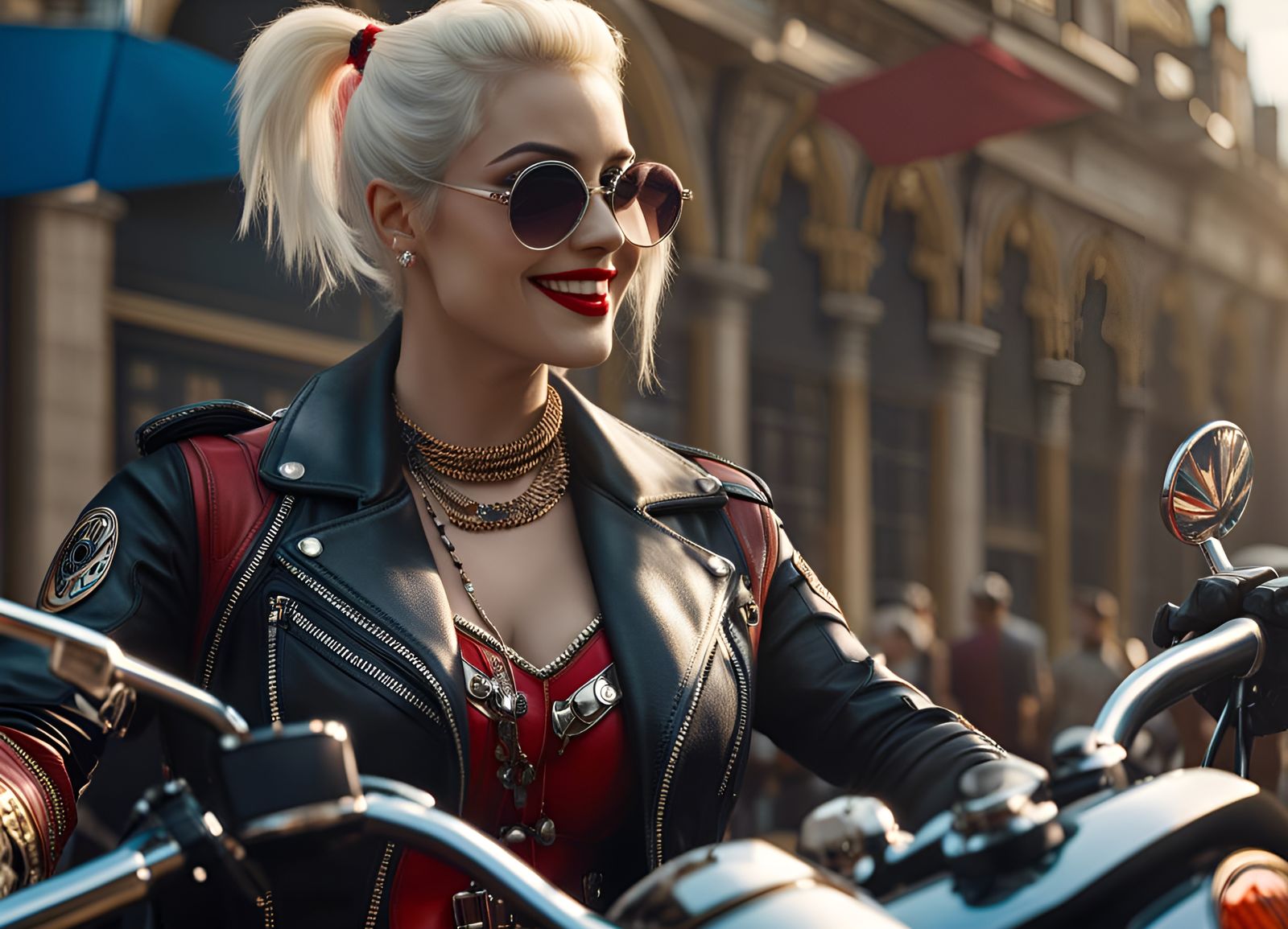 Harley Quinn on Motorcycle, Rococo Hyperdetailed Art