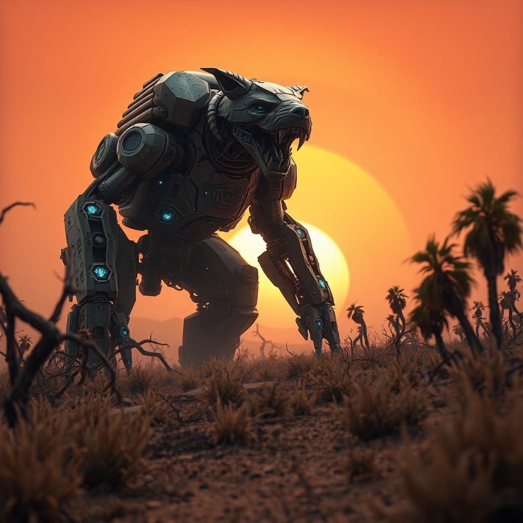 Giant Mecha Bear Monster in VHS Glitch Style