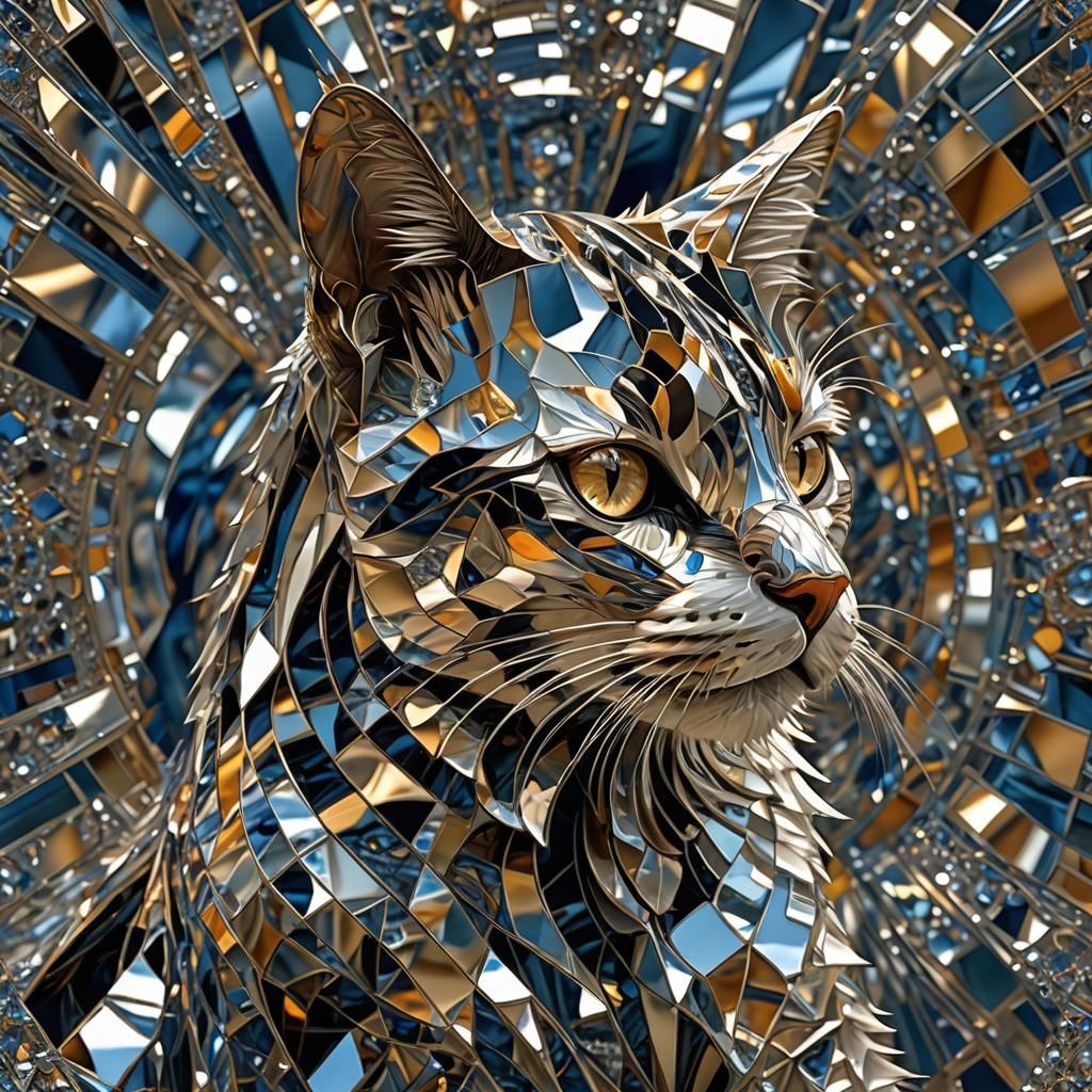 Fractal Mirror Cat in Digital Surrealism Style