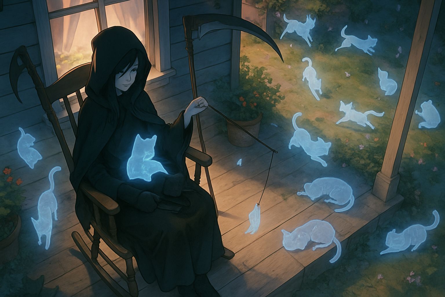 Ethereal Anime Grim Reaper with Cats