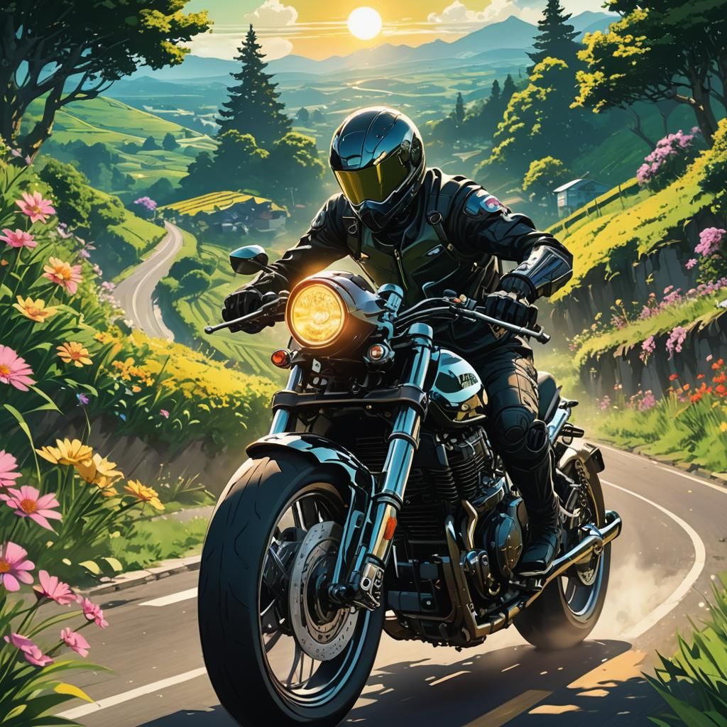 Cyberpunk Triumph Motorcycle Speeds Through Vibrant Countrys...