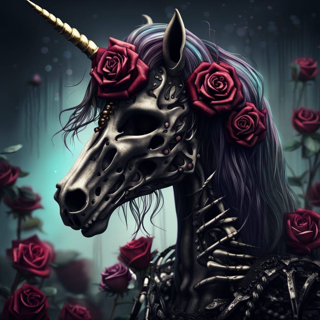 Dark Fantasy Goth Unicorn with Roses and Skeleton