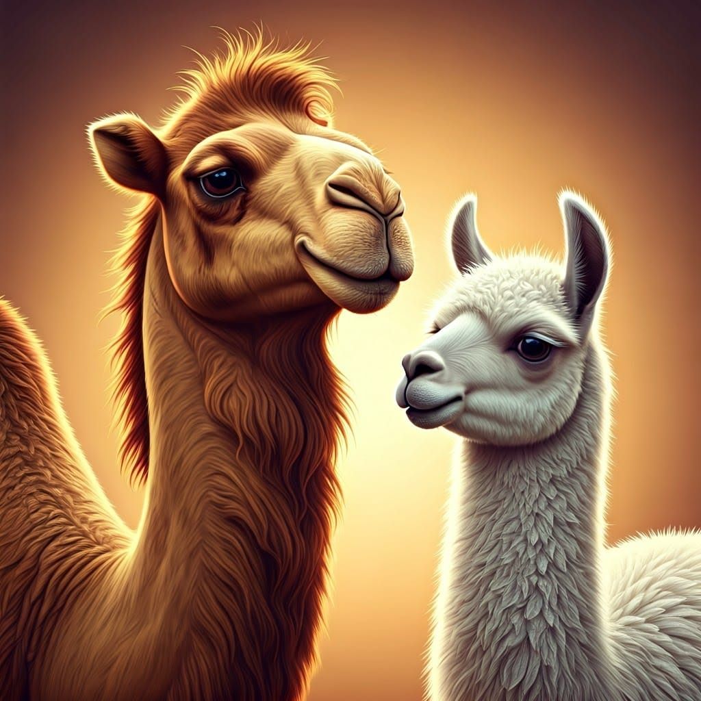 Majestic Camel and Gentle Llama in Whimsical Wonder