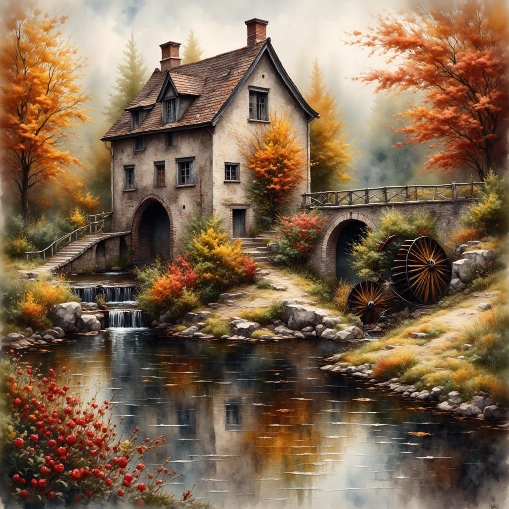 Rustic Waterwheel Amidst Autumnal Riverbanks