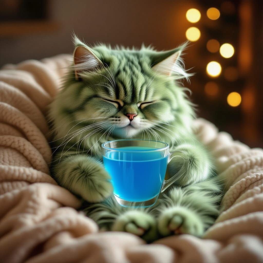 Fluffy Green Cat Sipping Coffee in Cozy Armchair