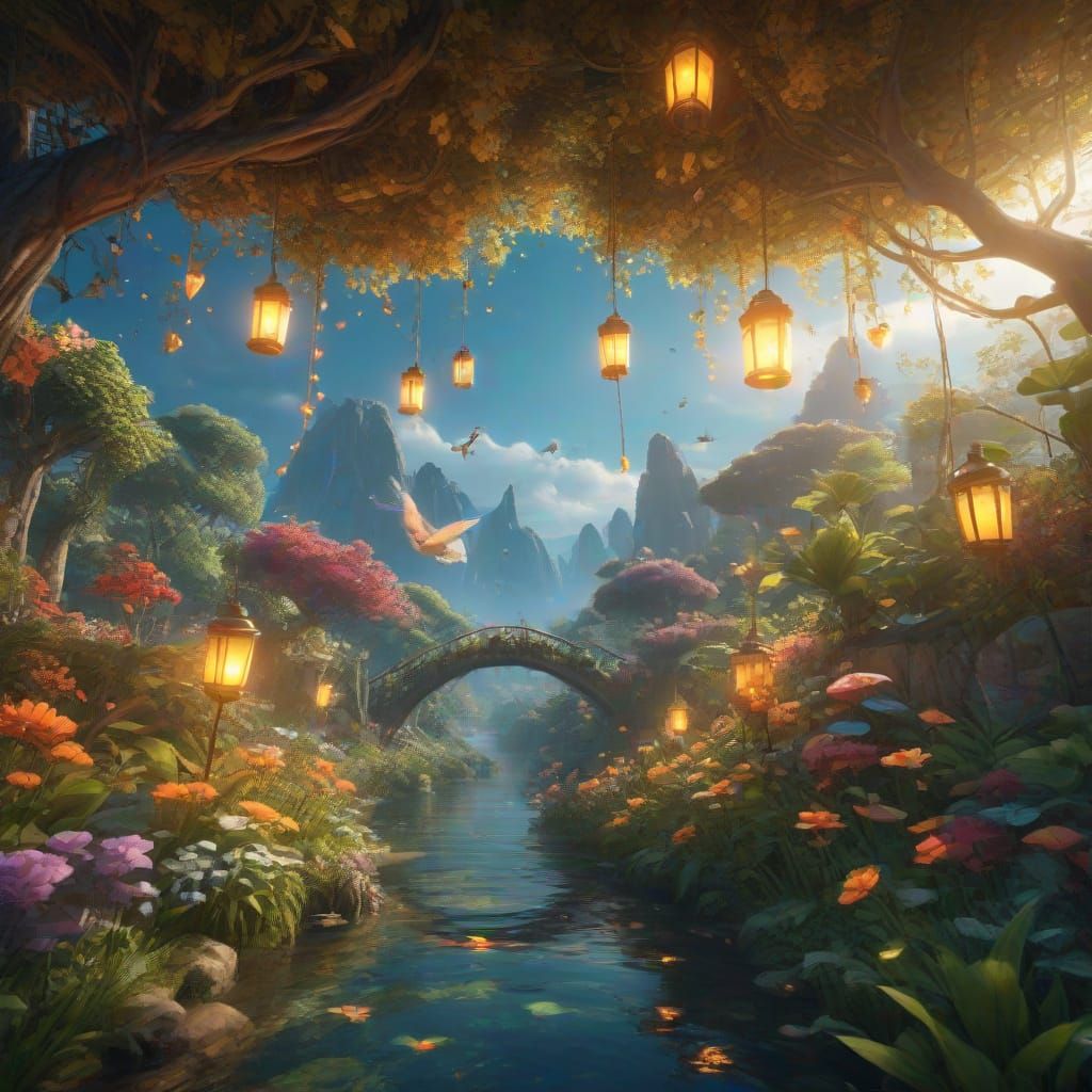 Whimsical Garden Drifts Through Cloudy Skies