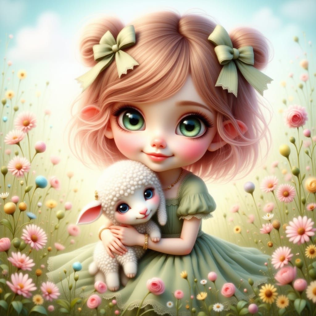 Girl and Lamb in Flowery Meadow Anime Style